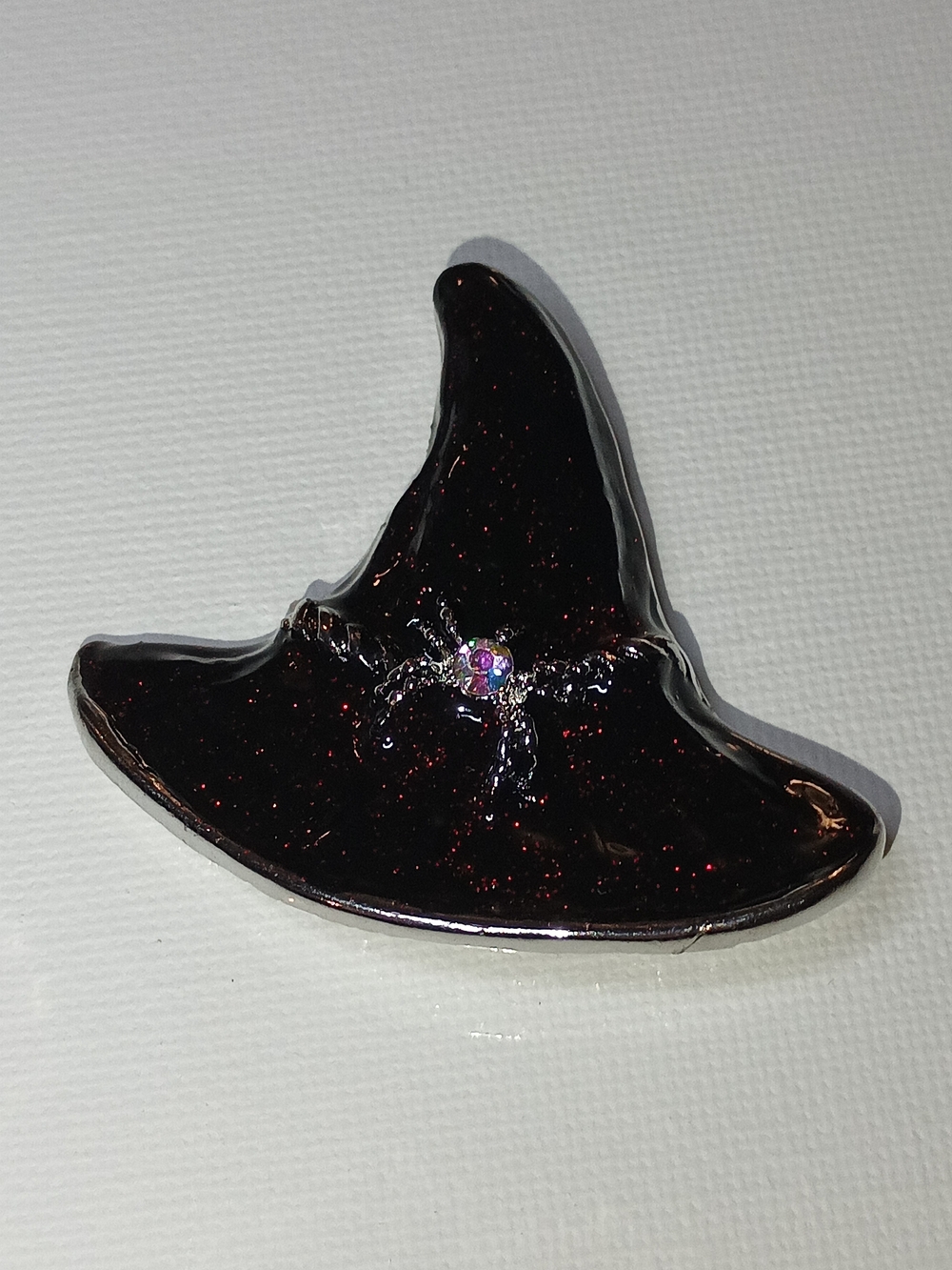 Gothic Black Glitter Witch Hat Brooch with Iridescent Accent